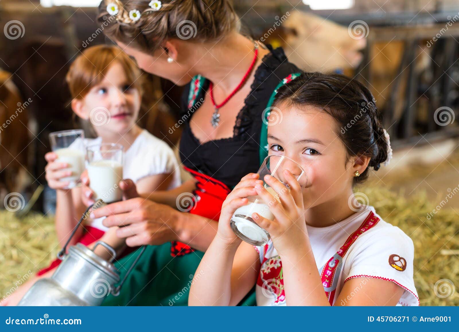 Bavaria Family Drinking Milk In Cow Barn Stock Photo ...