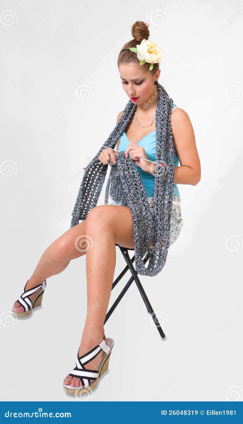 Beautiful Fashion Pin Up Woman Knitting Scarf Royalty Free