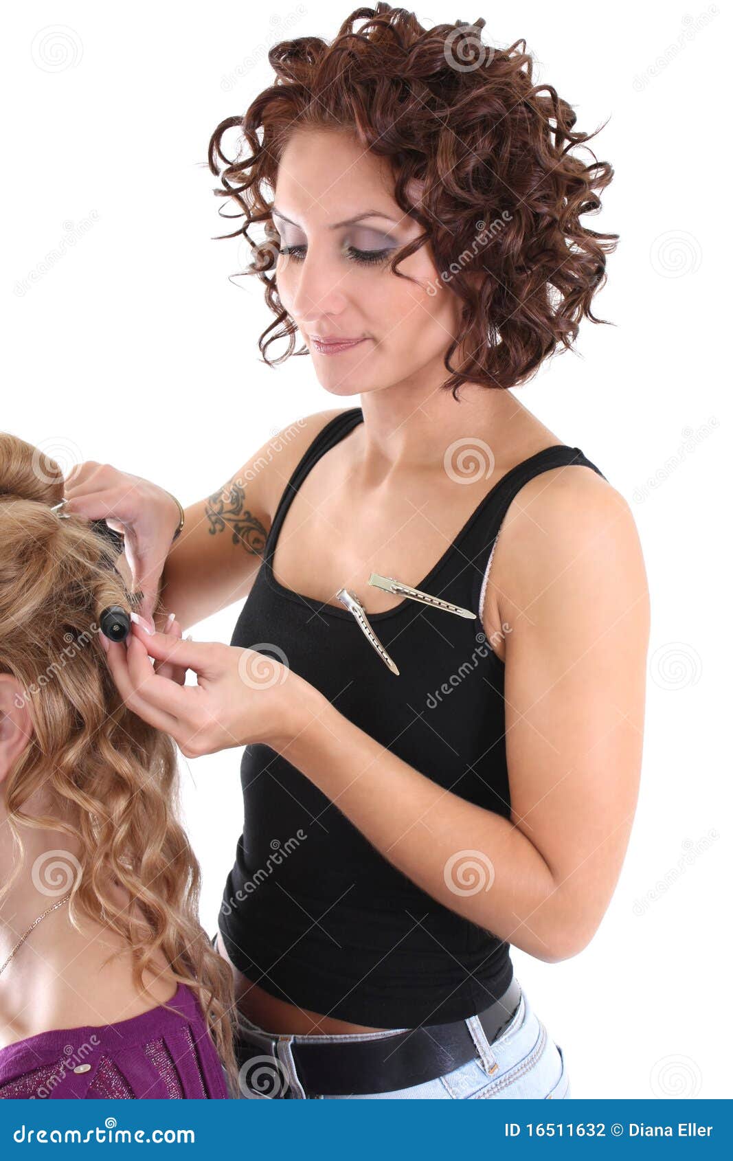 Beautiful Hairdresser With Client Over White Stock Photography - Image