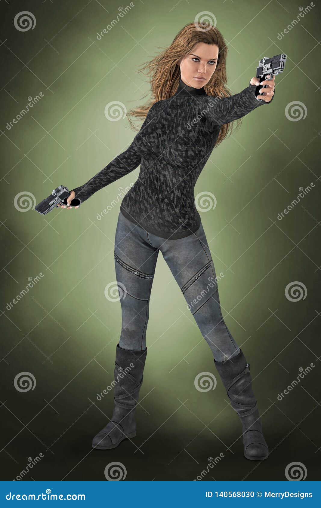 Beautiful Powerful Woman Holding Two Guns In Shooting Pose Stock Photo
