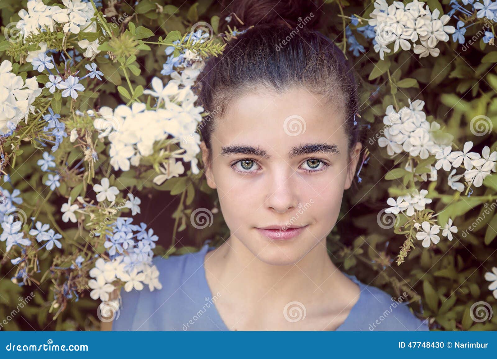 Beautiful Teenage Girl In A Blooming Bush Stock Photo Image 47748430