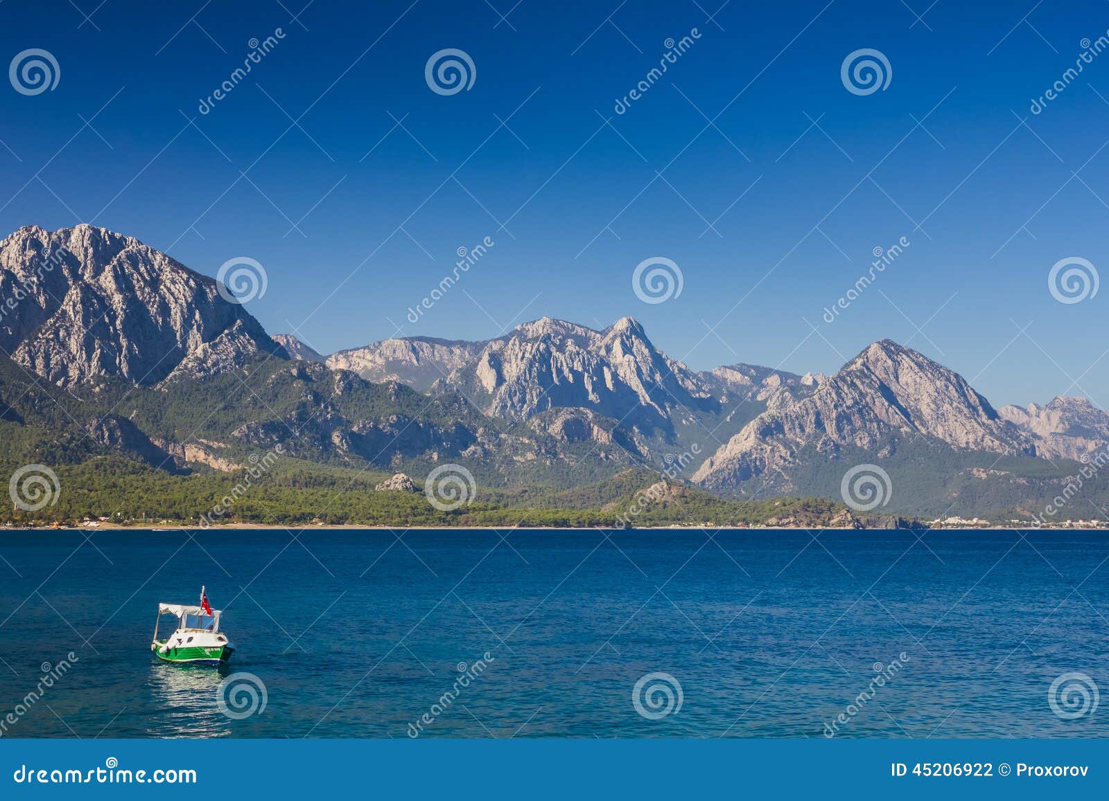 Beautiful View Of Kemer Town And Boat In The Sea Stock Photo - Image ...