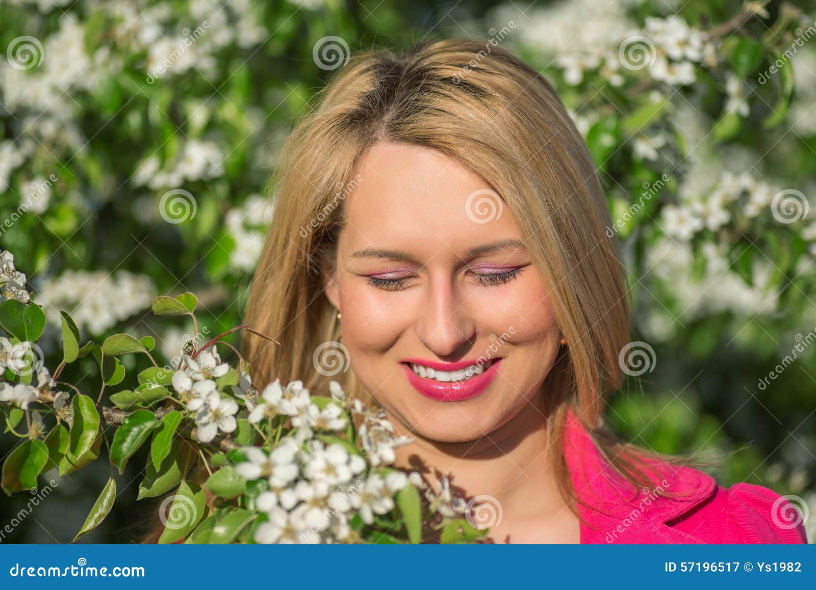 beautiful woman in a pink coat in <b>blooming gardens</b> - beautiful-woman-pink-coat-blooming-gardens-young-57196517