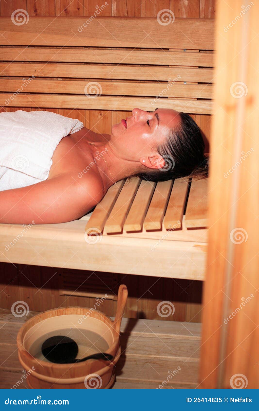 Young Woman Relaxing In A Sauna Stock Photo - Download 