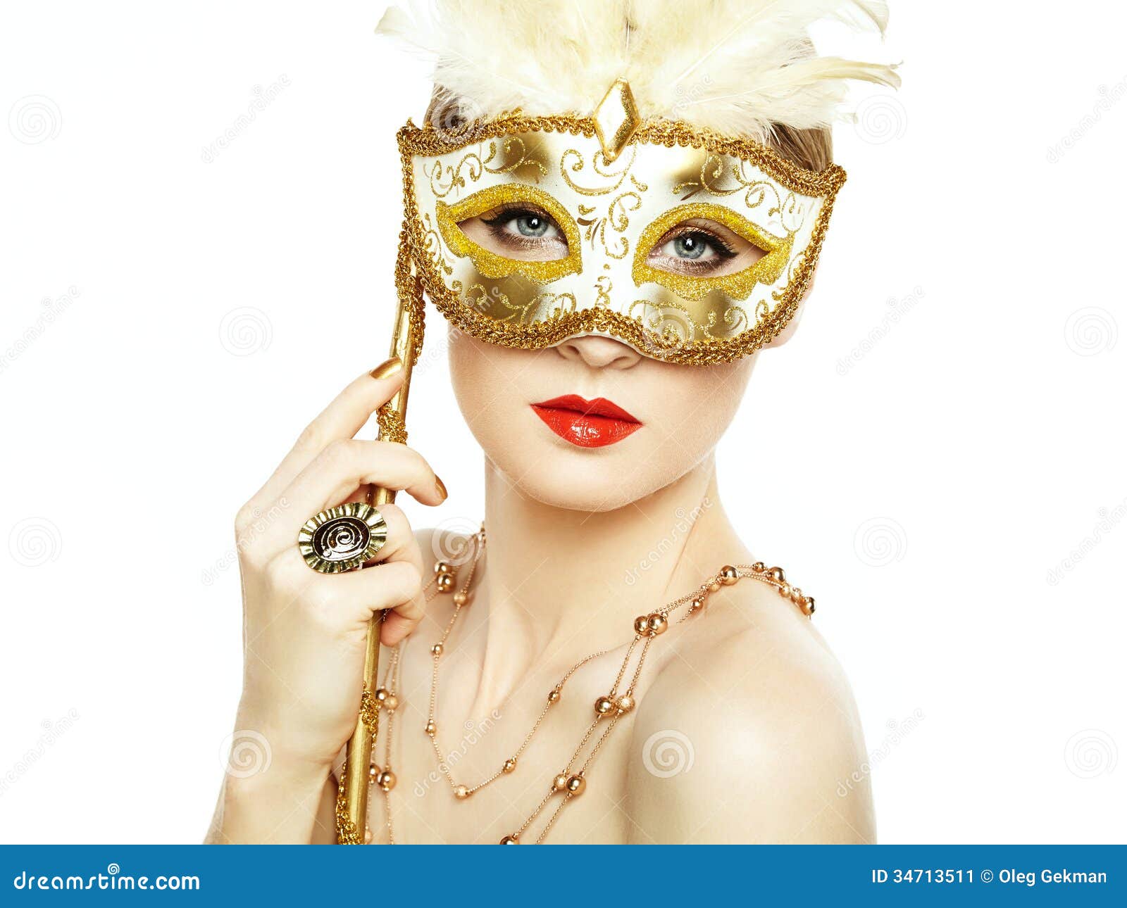 beautiful young woman mysterious golden venetian mask fashion photo 34713511