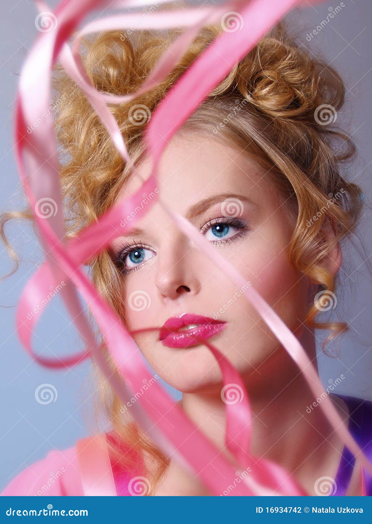 Beautiful young woman with pink ribbons - beautiful-young-woman-pink-ribbons-16934742