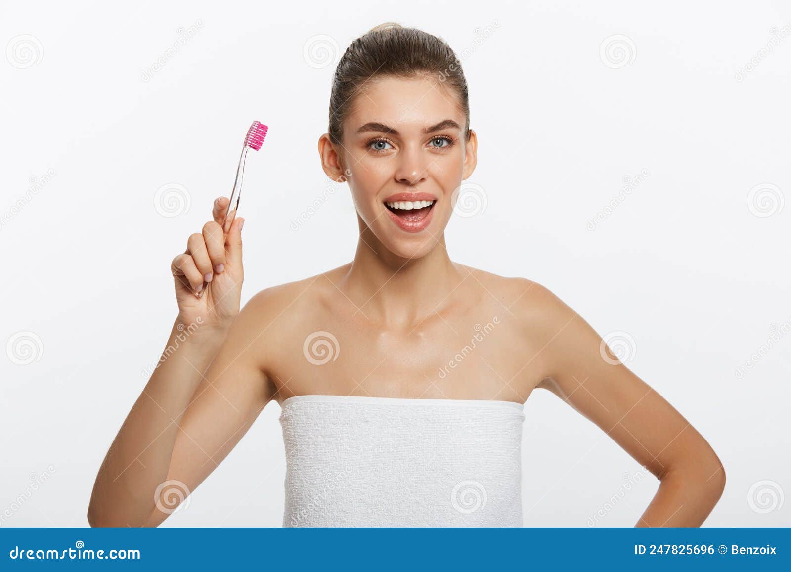 Beauty Portrait Of A Happy Beautiful Half Naked Woman Brushing Her