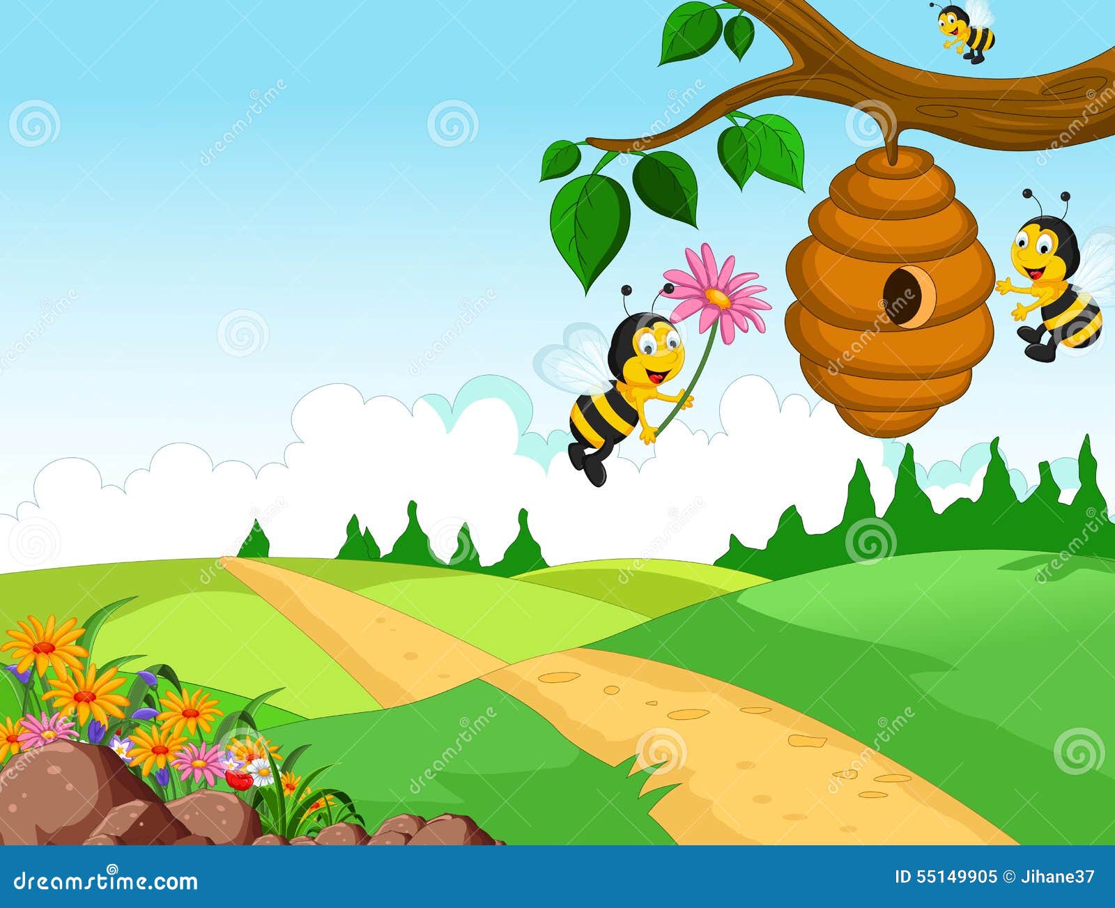 Bees Cartoon Holding Flower And A Beehive With Forest Background Stock