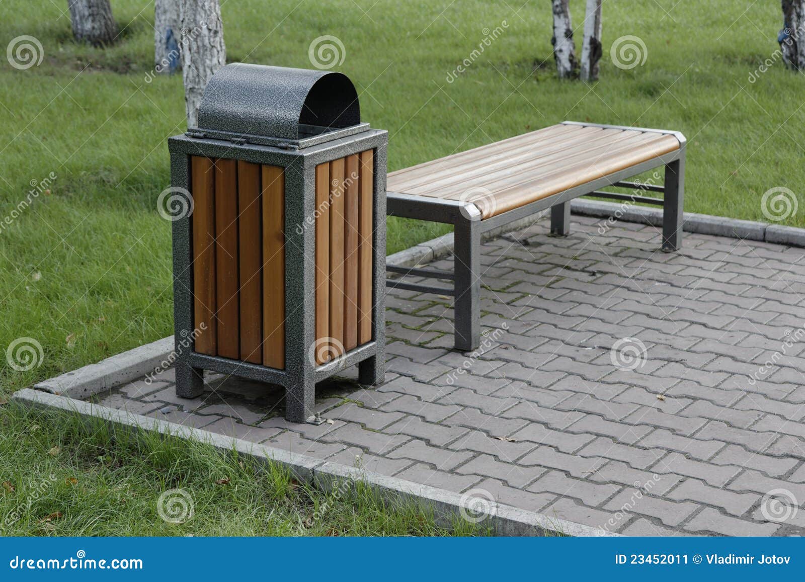 Bench And Bin In The Park Stock Image Image 23452011