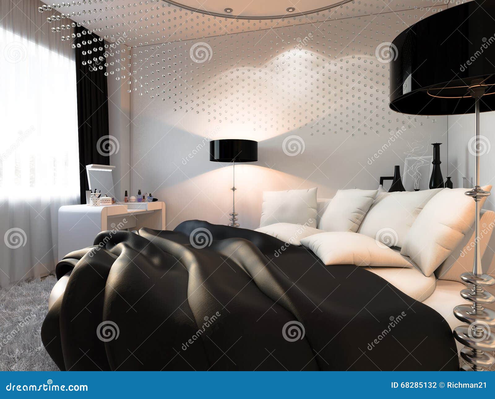 Binnenlandse ontwerpslaapkamer in zwart witte kleuren stock ...