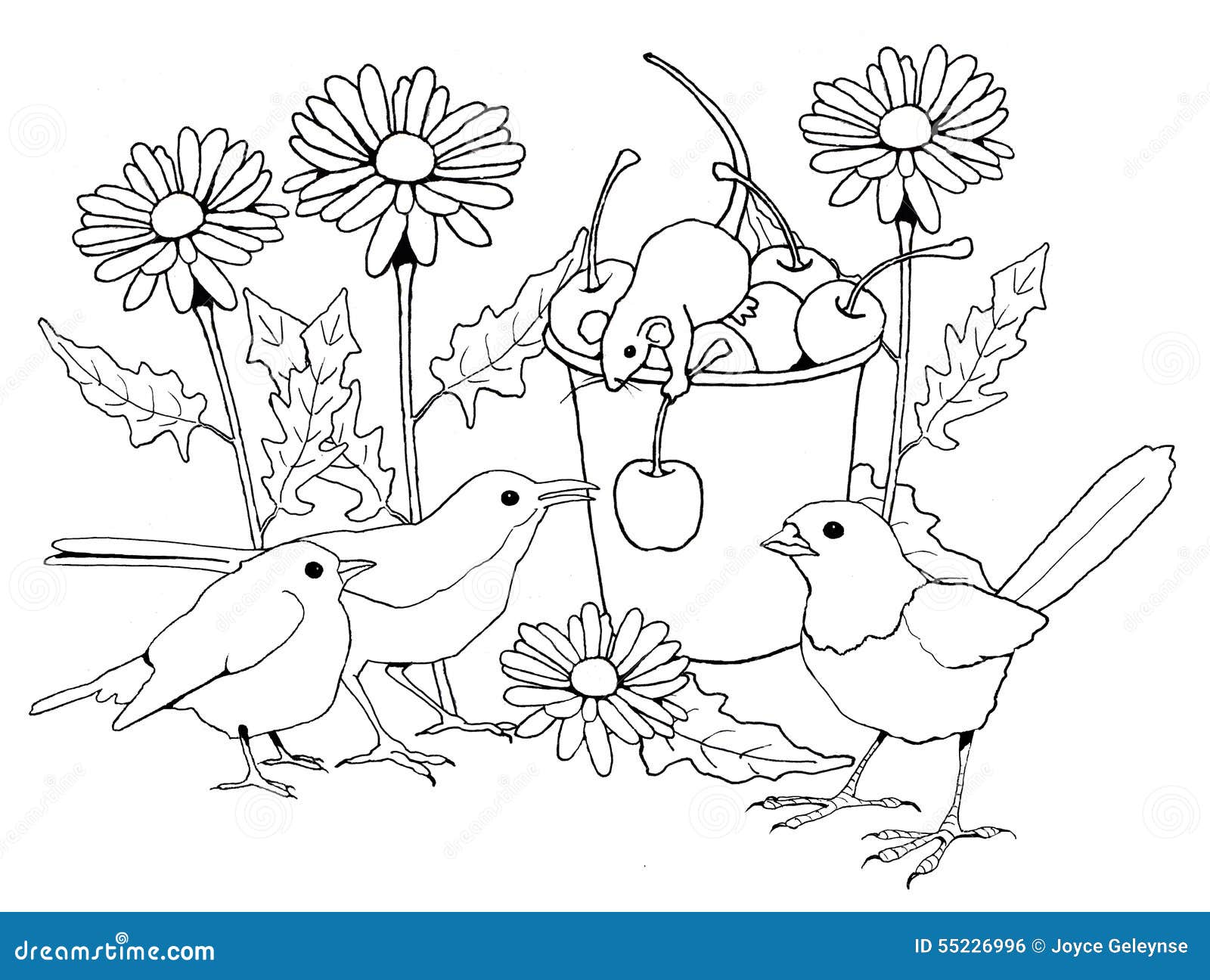 Birds And Mice With Flowers, Coloring Page Stock ...
