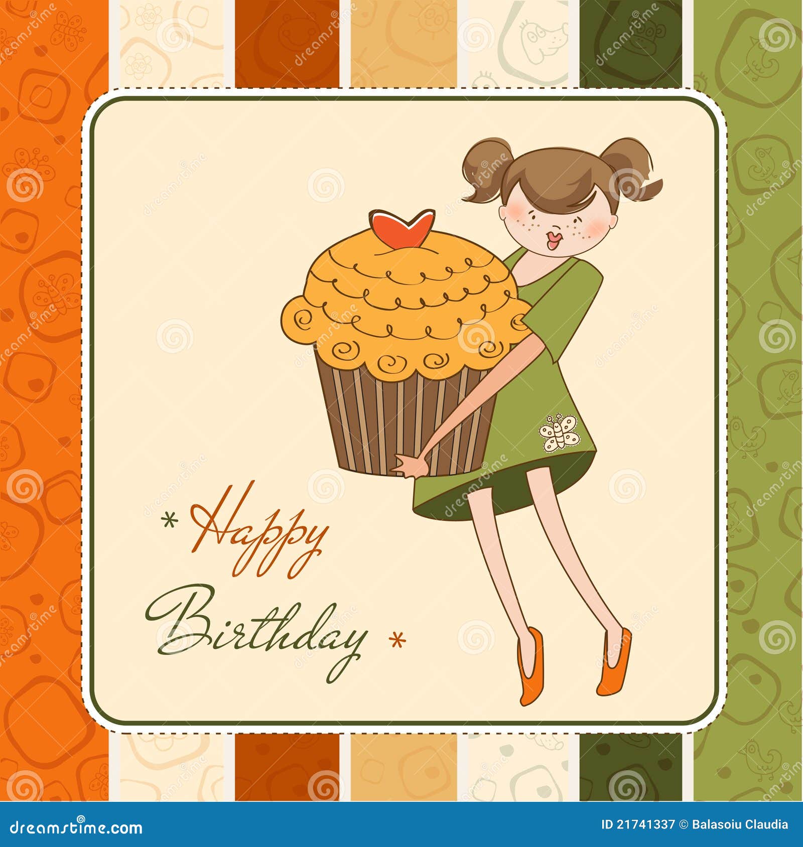 Birthday Card With Funny Girl And Cupcake Royalty Free ...