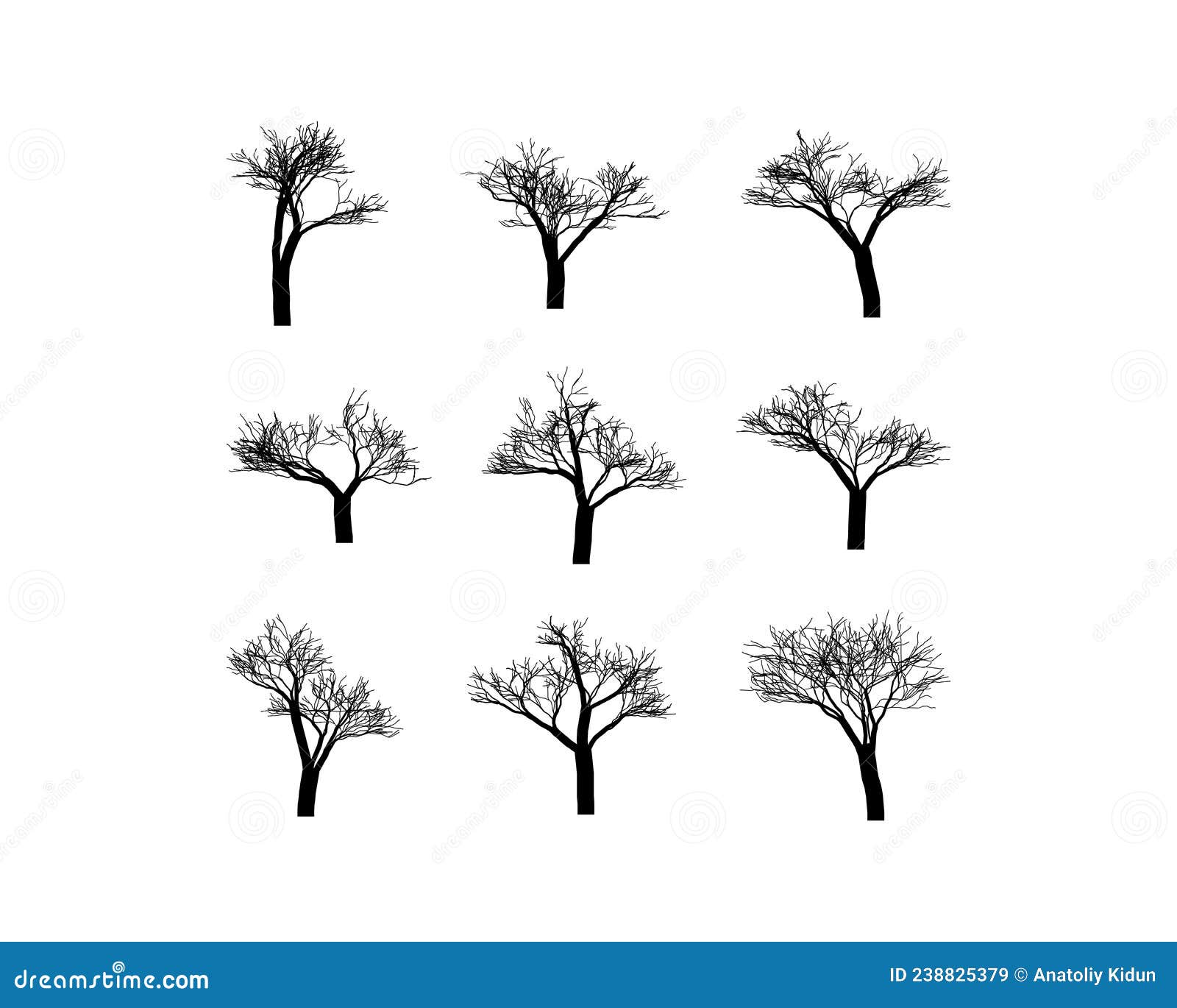 Black Branch Tree Or Naked Trees Silhouettes Set Hand Drawn Isolated