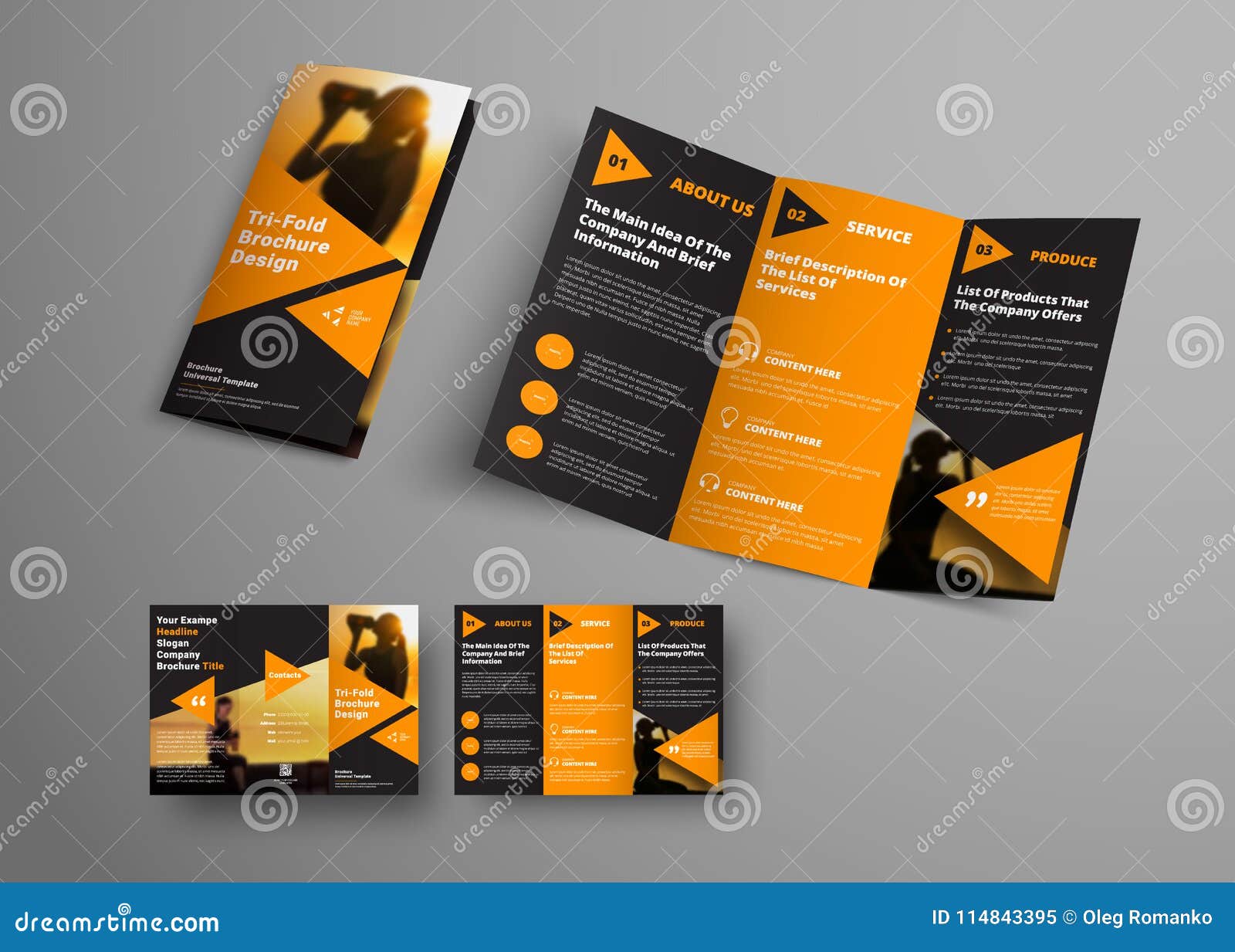 black triple folding brochure template with orange triangular sample booklet design