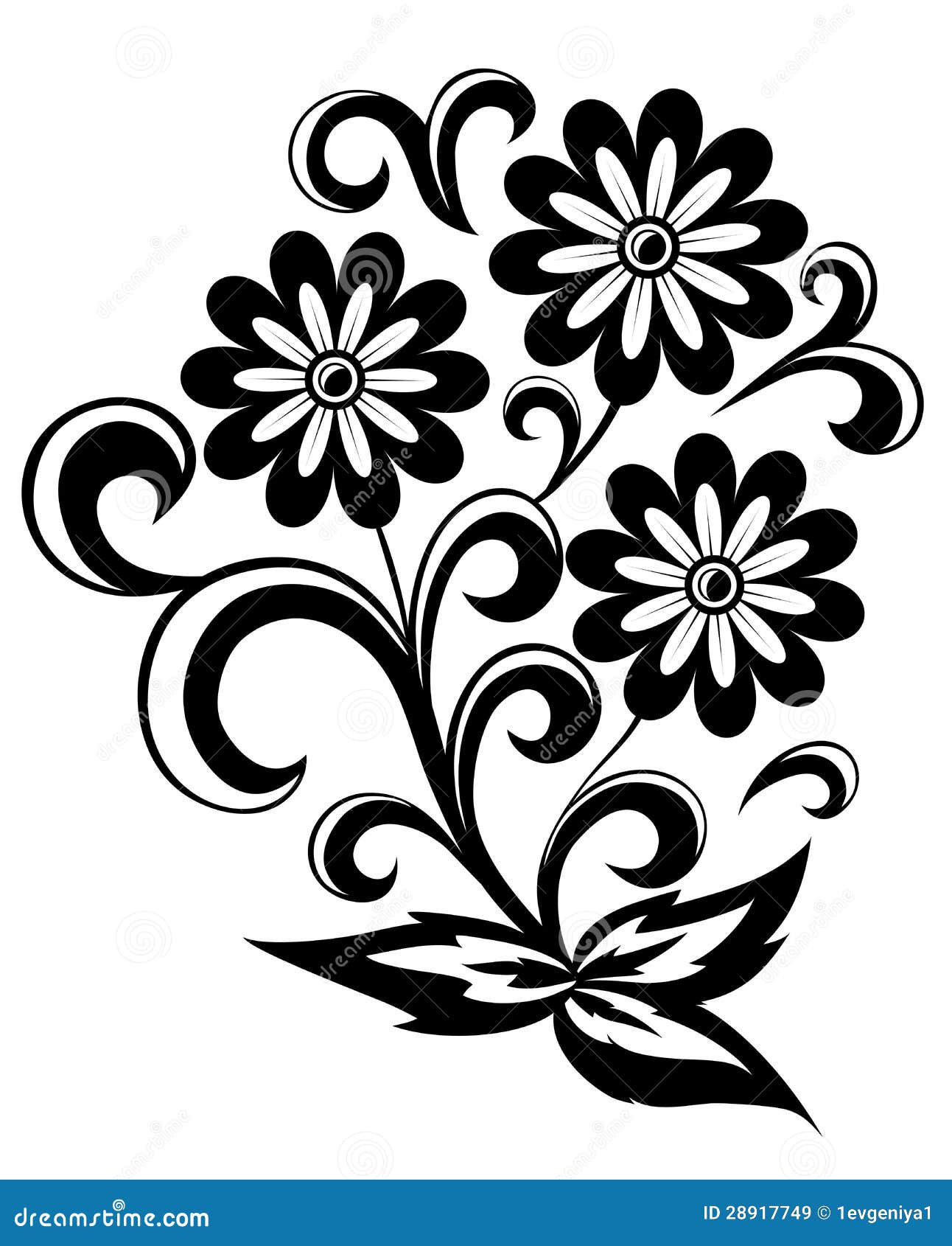 Black And White Abstract Flower With Leaves And Swirls Isolated On