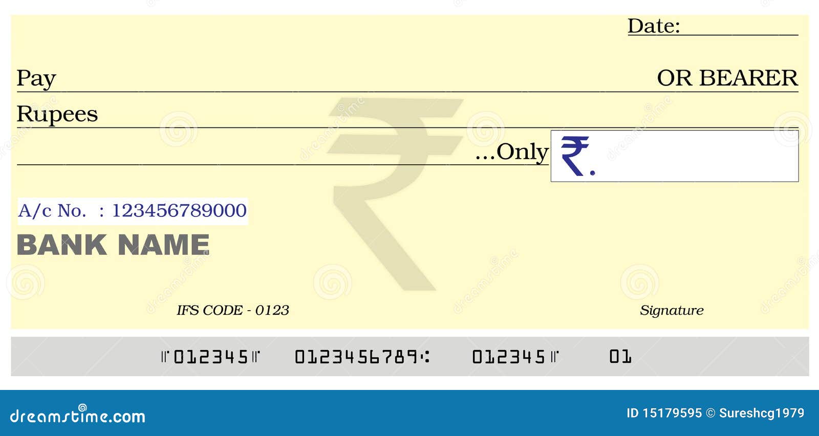Indian Country Banks Blank cheque design in Rupee.