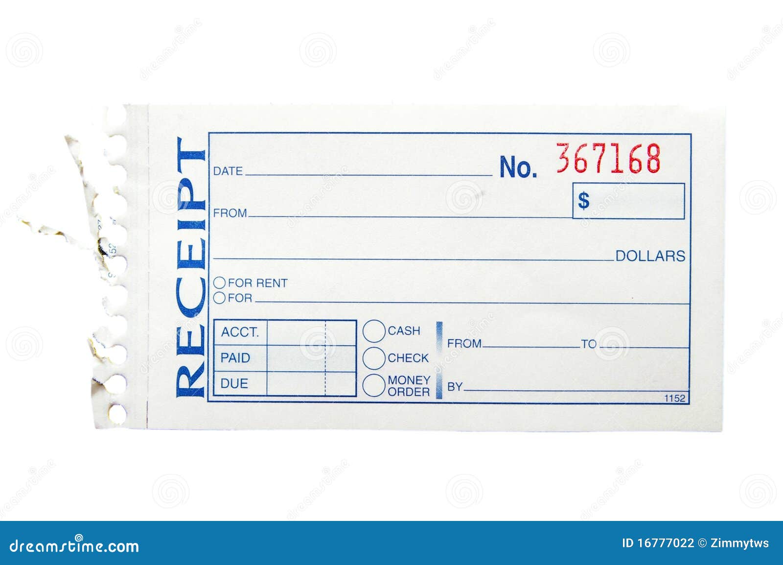 Blank generic paper receipt, on white.