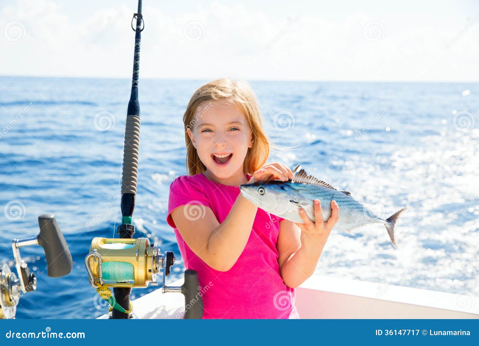 Blond Kid Girl Fishing Tuna Bonito Sarda Fish Happy Catch Royalty Free ...