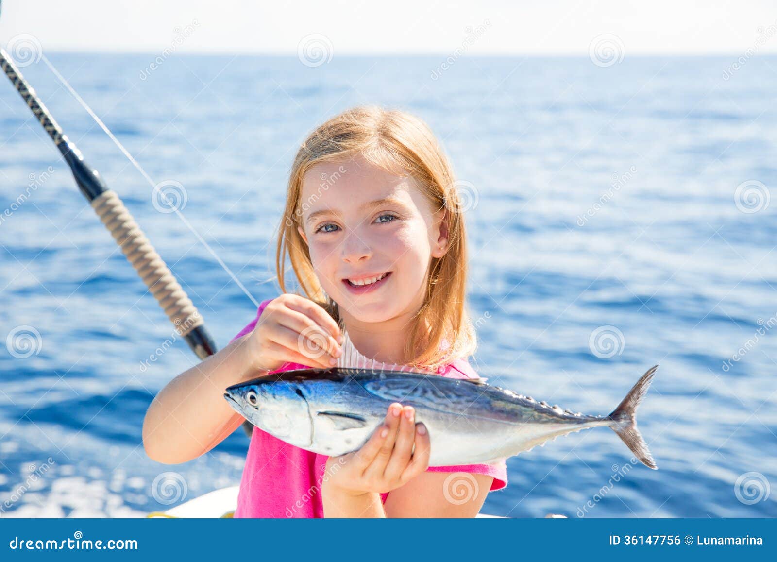 Blond Kid Girl Fishing Tuna Little Tunny Happy With Catch Royalty Free 