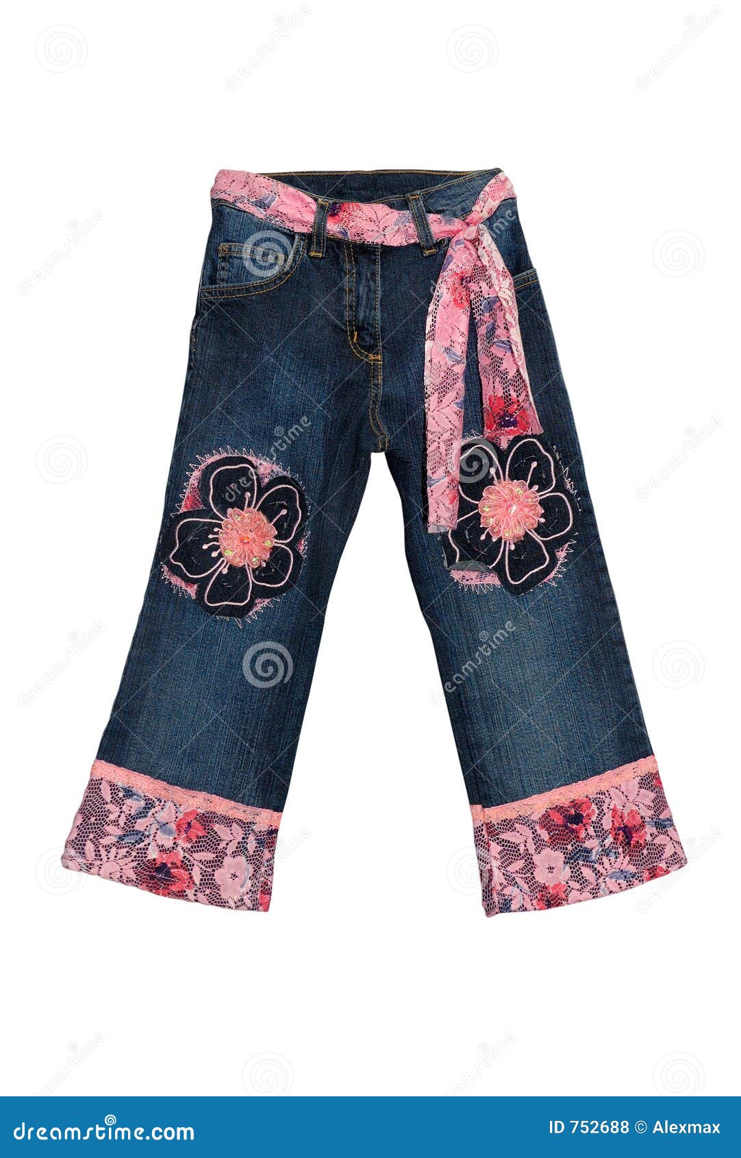Blue Children Girl Jeans With Pink Flowers Pattern Isolated On W Royalty Free Stock Photos