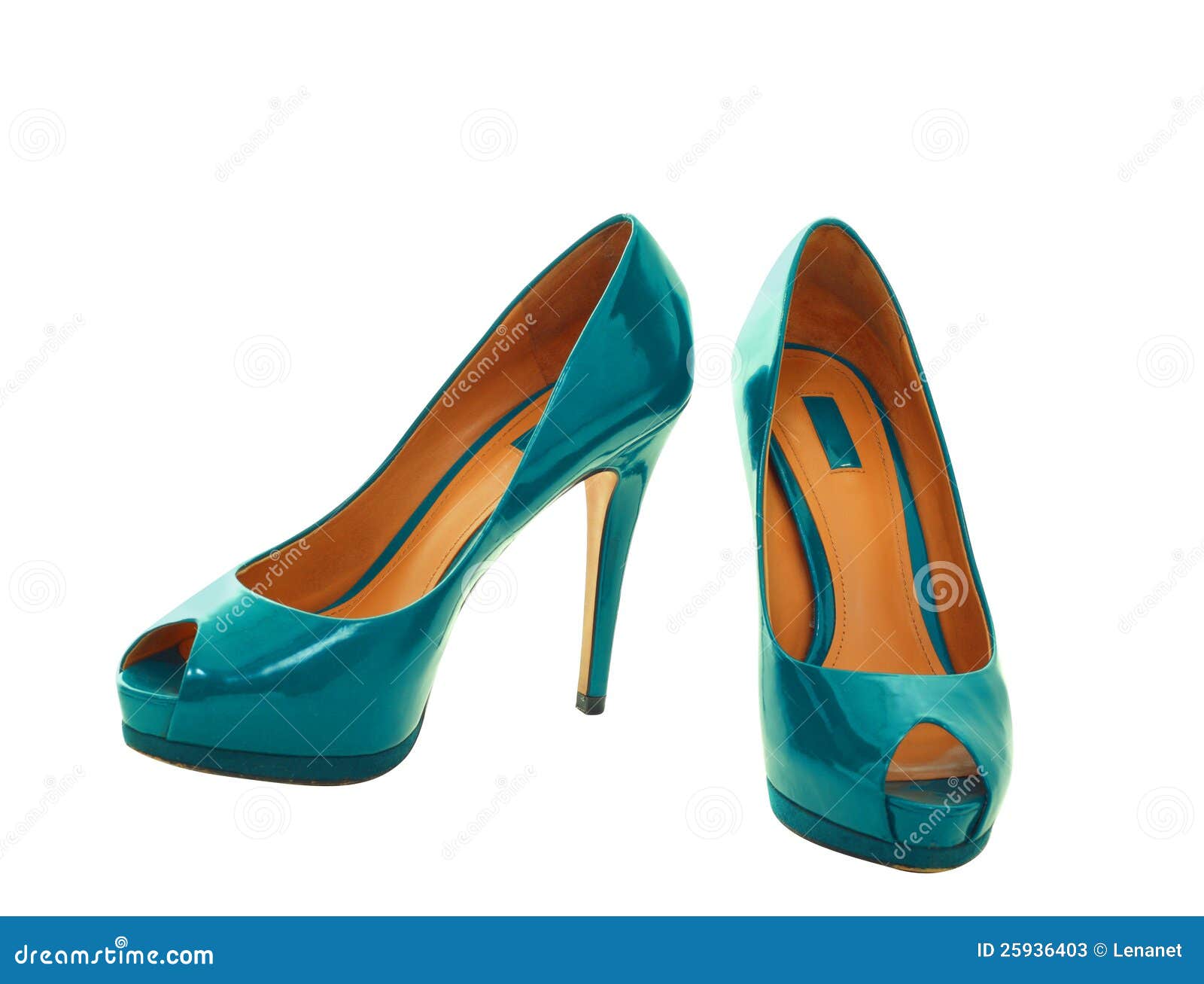 Pair of dress blue green women shoes isolated over white wiht clipping ...