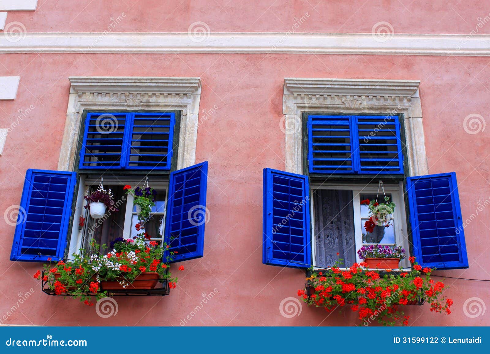 Blue Windows With Geraniums Stock Photography  Image: 31599122
