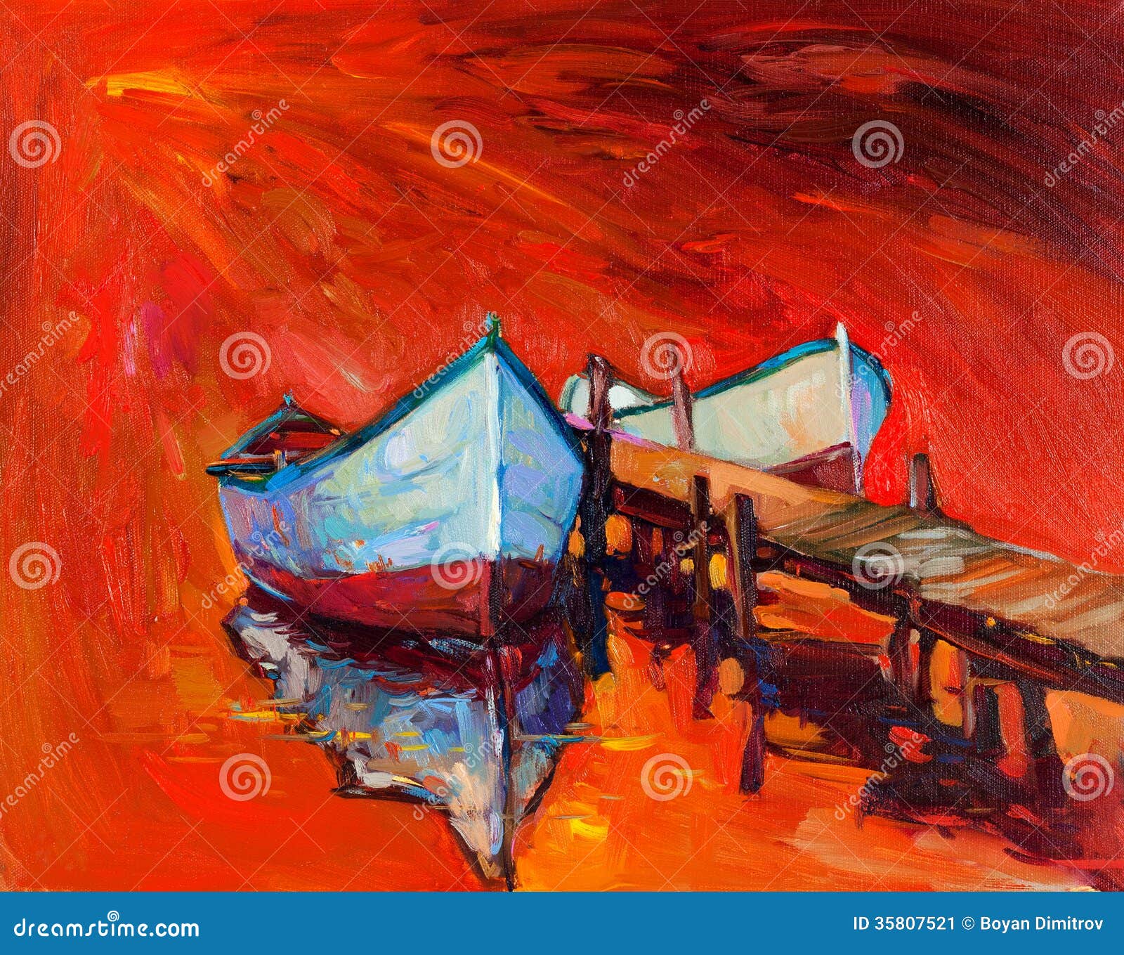 Original oil painting of boats and jetty(pier) on canvas.Sunset over 