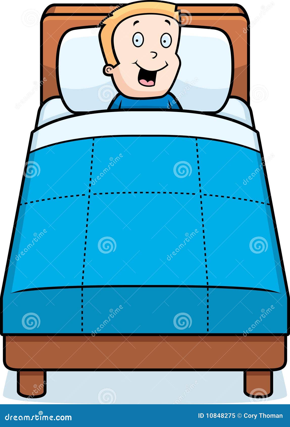 cartoon boy in bed smiling.