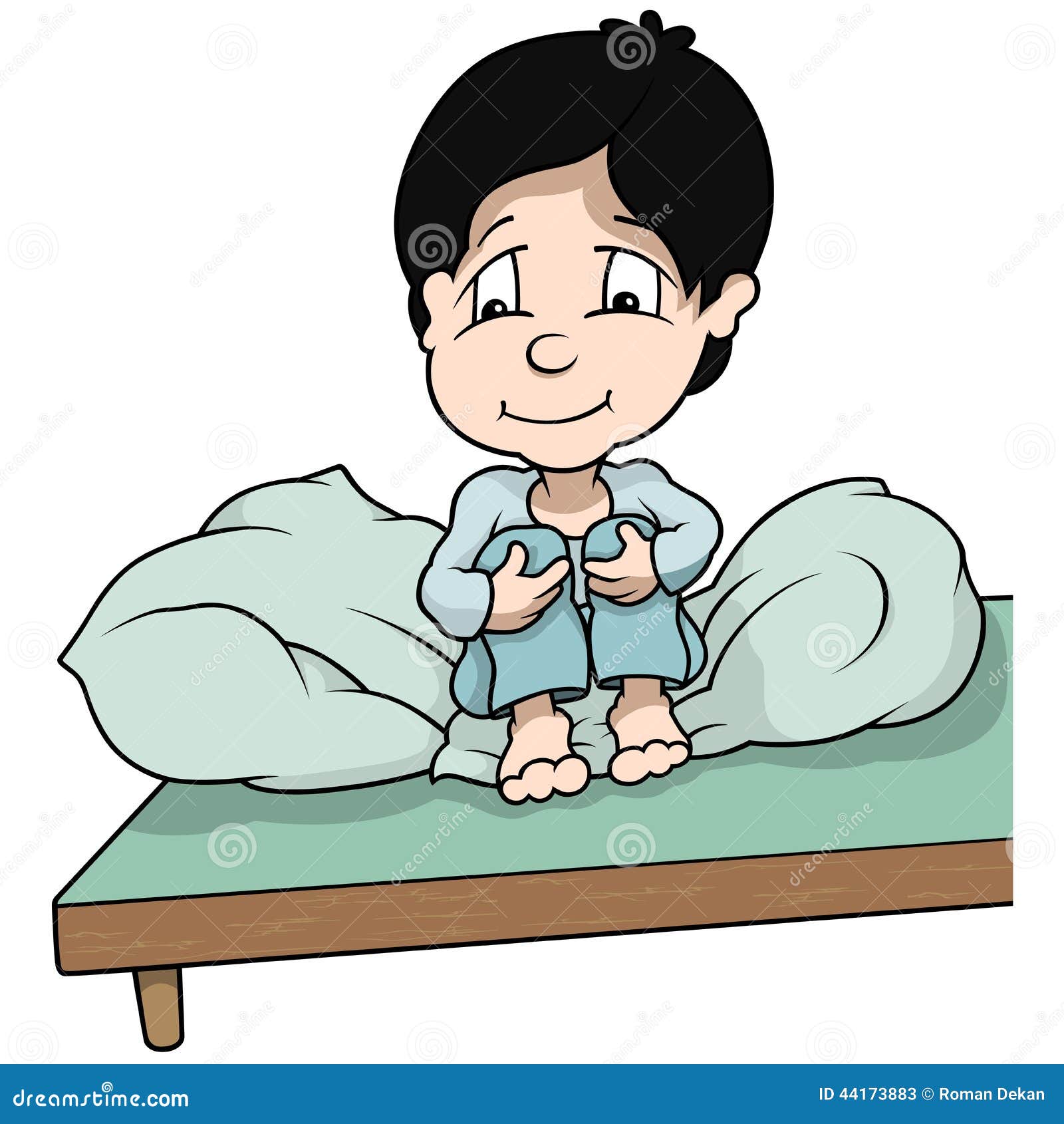 Boy Sitting In Bed - Cartoon Illustration, Vector.
