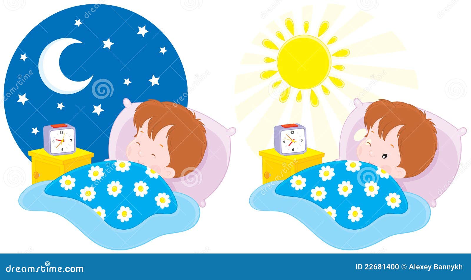 Vector clip-art illustrations of a little boy lying in a bed and ...