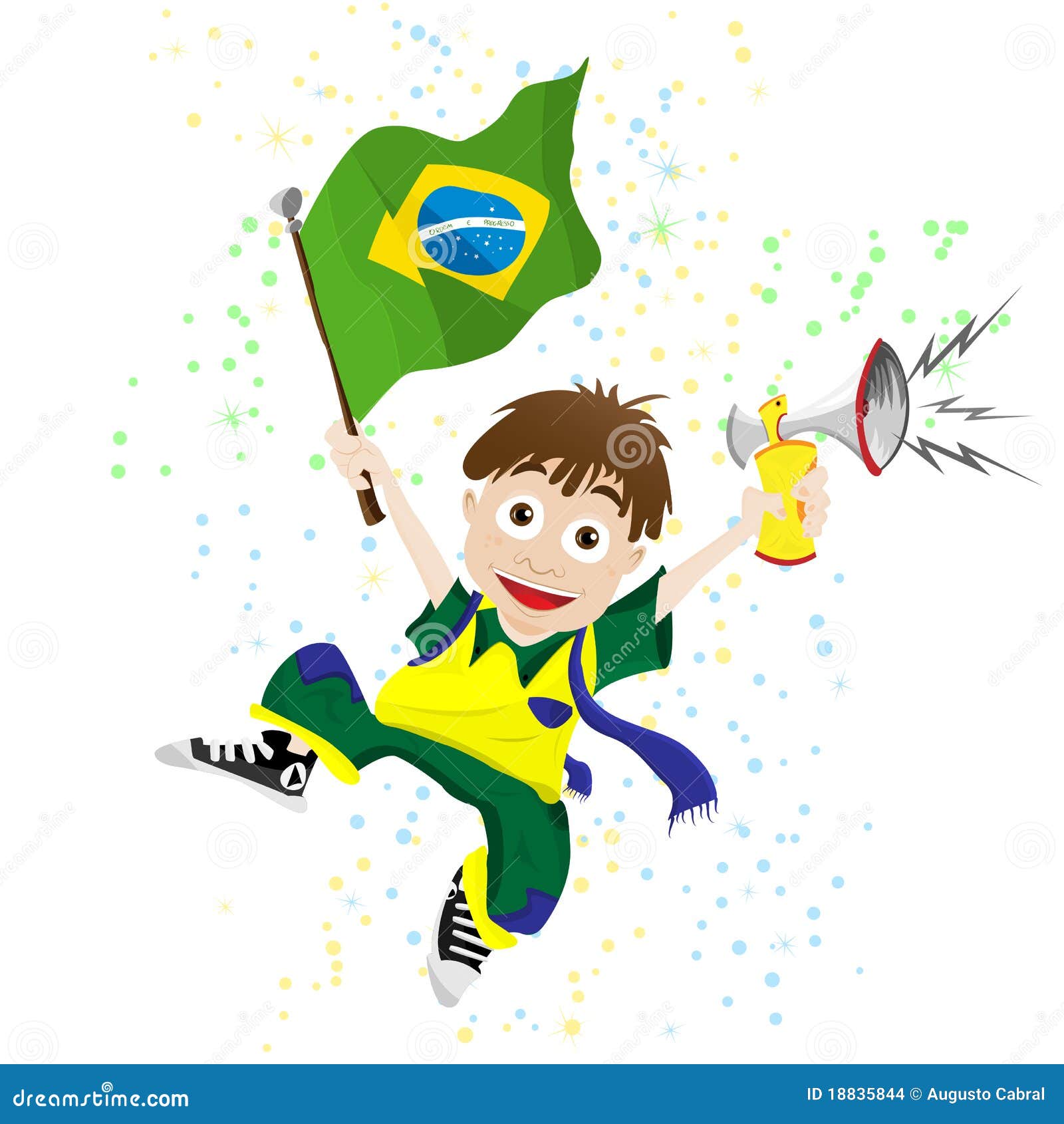 Brazil Sport Fan with Flag and Horn.