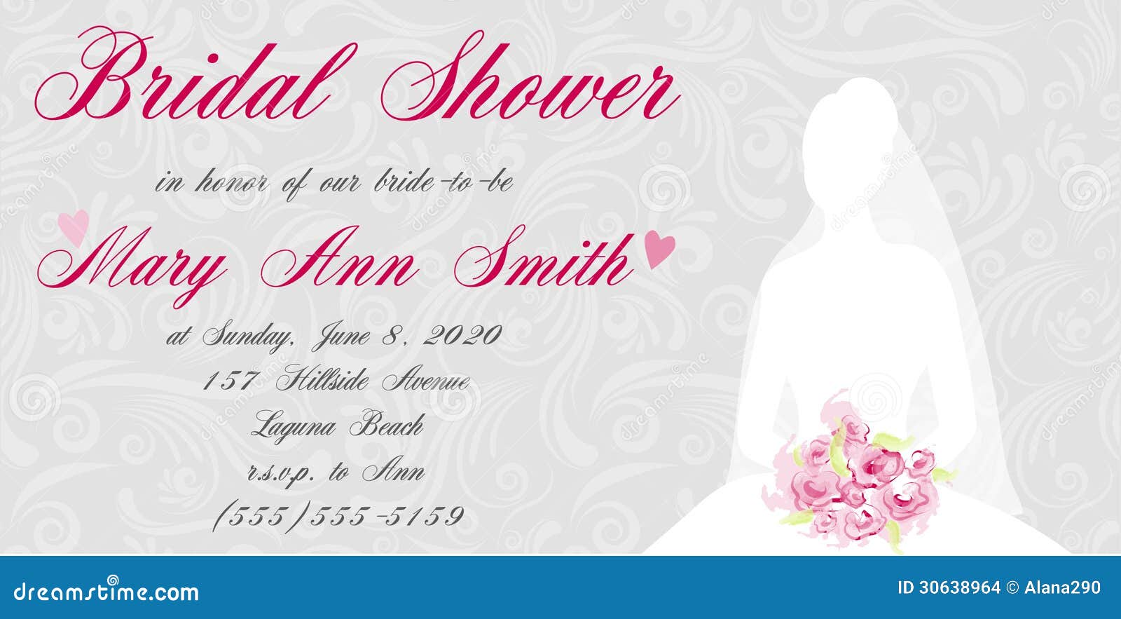 Bridal shower invitation with brides silhouette on swirls light ...