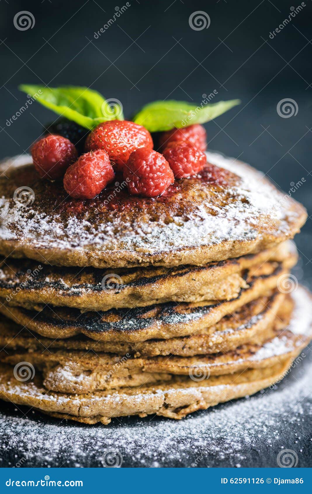 Honey+Berry+Fruit Buckwheat pancakes with berry fruit,honey and sugar powder.