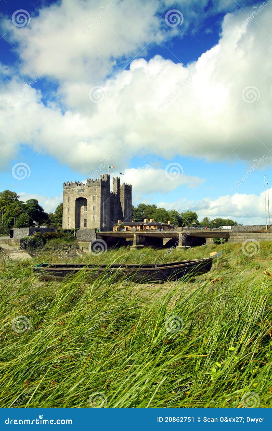 Bunratty castle county Clare Ireland with a boat in the foreground.