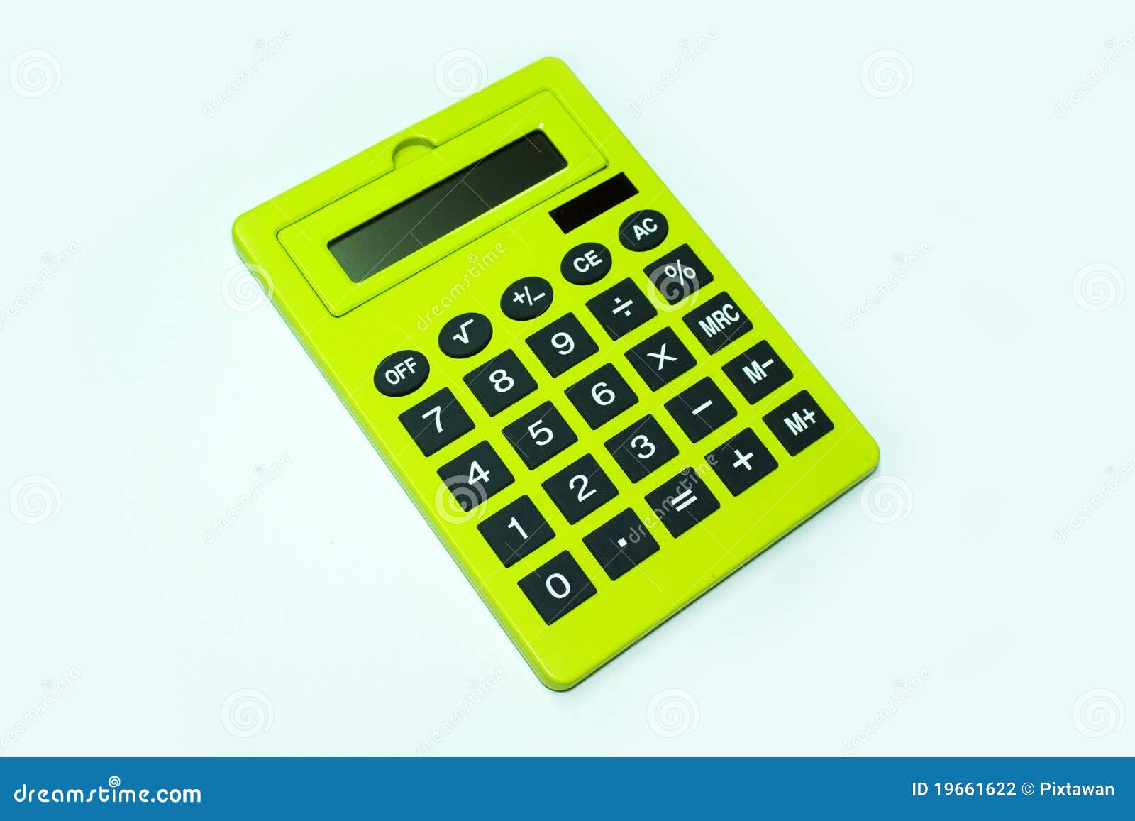 Big green calculator, paradoxical calculation, isolated on White.