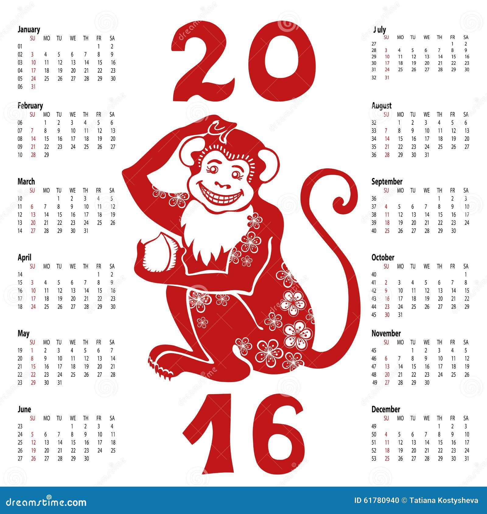 Calendar 2016.Chinese Zodiac Red Monkey Stock Vector Image 61780940
