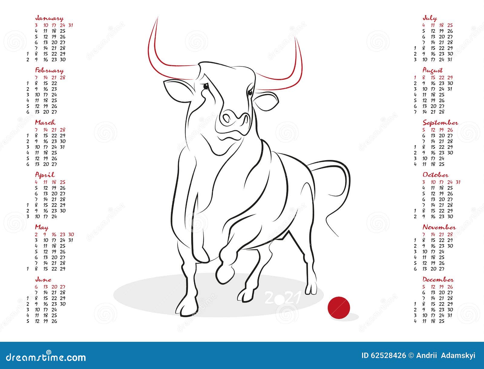 Calendar 2021 The Year Of The Ox Stock Vector - Image: 625284261300 x 1009