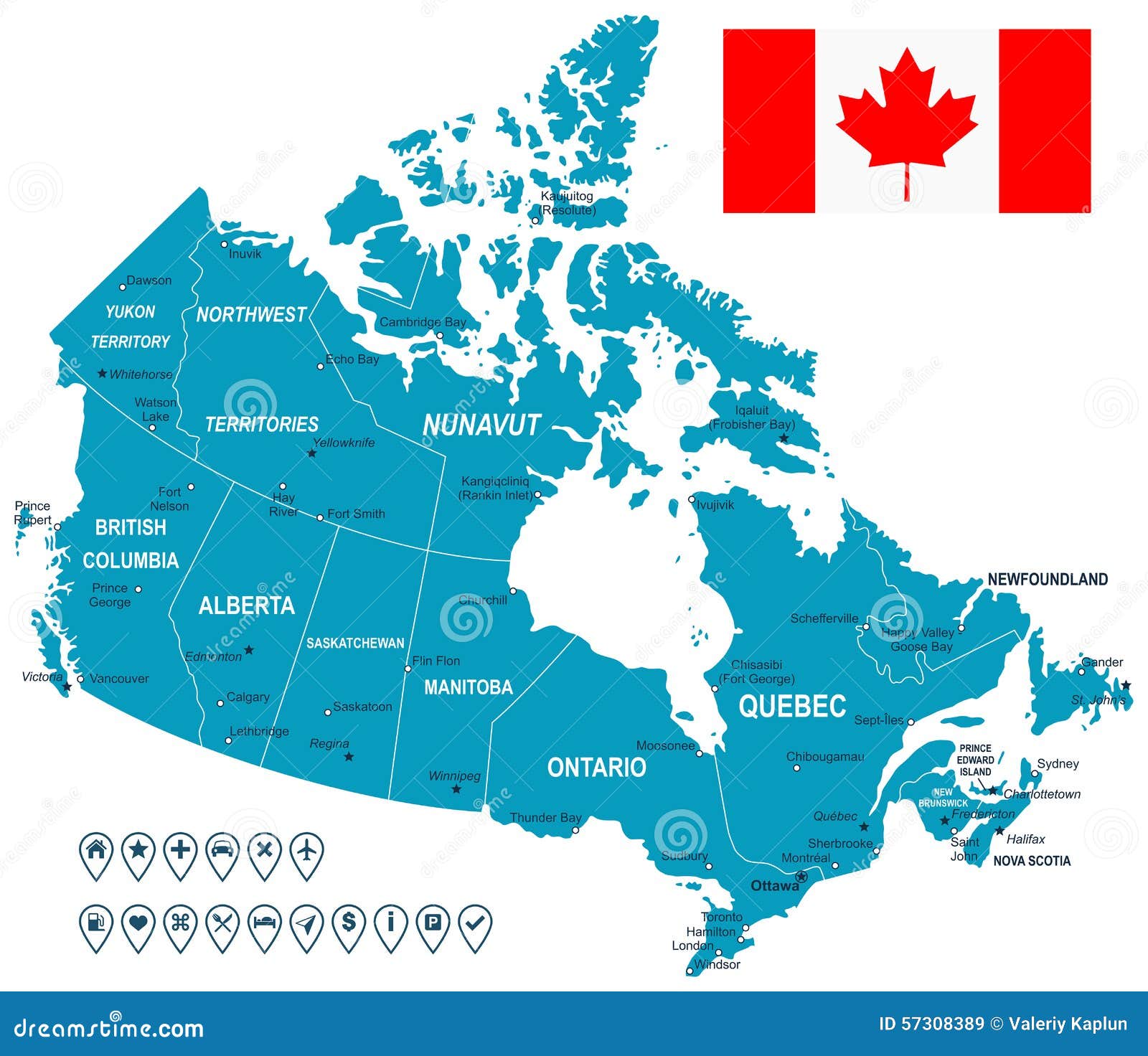 Canada Map, Flag And Navigation Labels - Illustration. Stock Vector