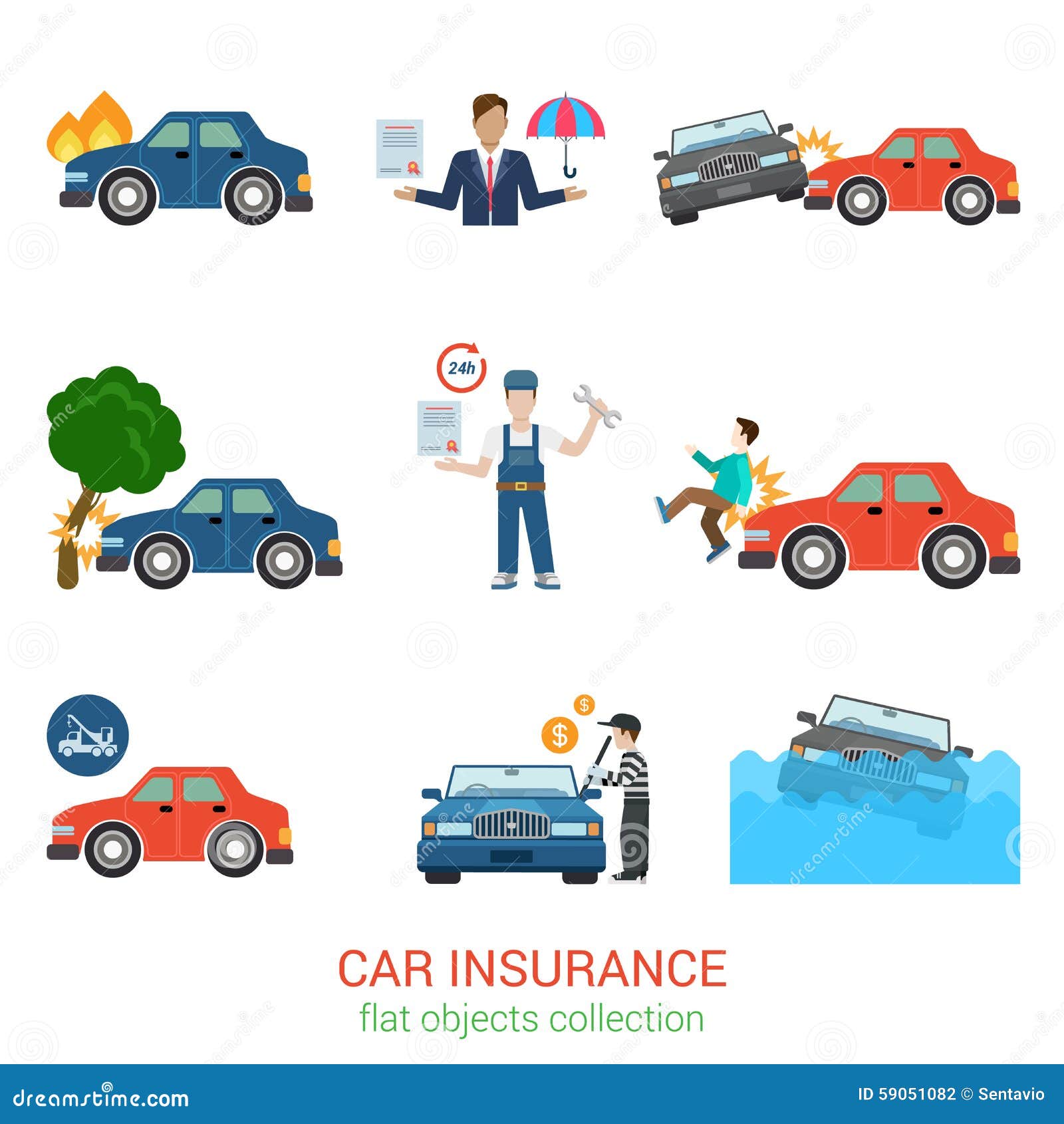 Car Insurance Flat Vector Icon Pack: Accident, Service, Loss Stock