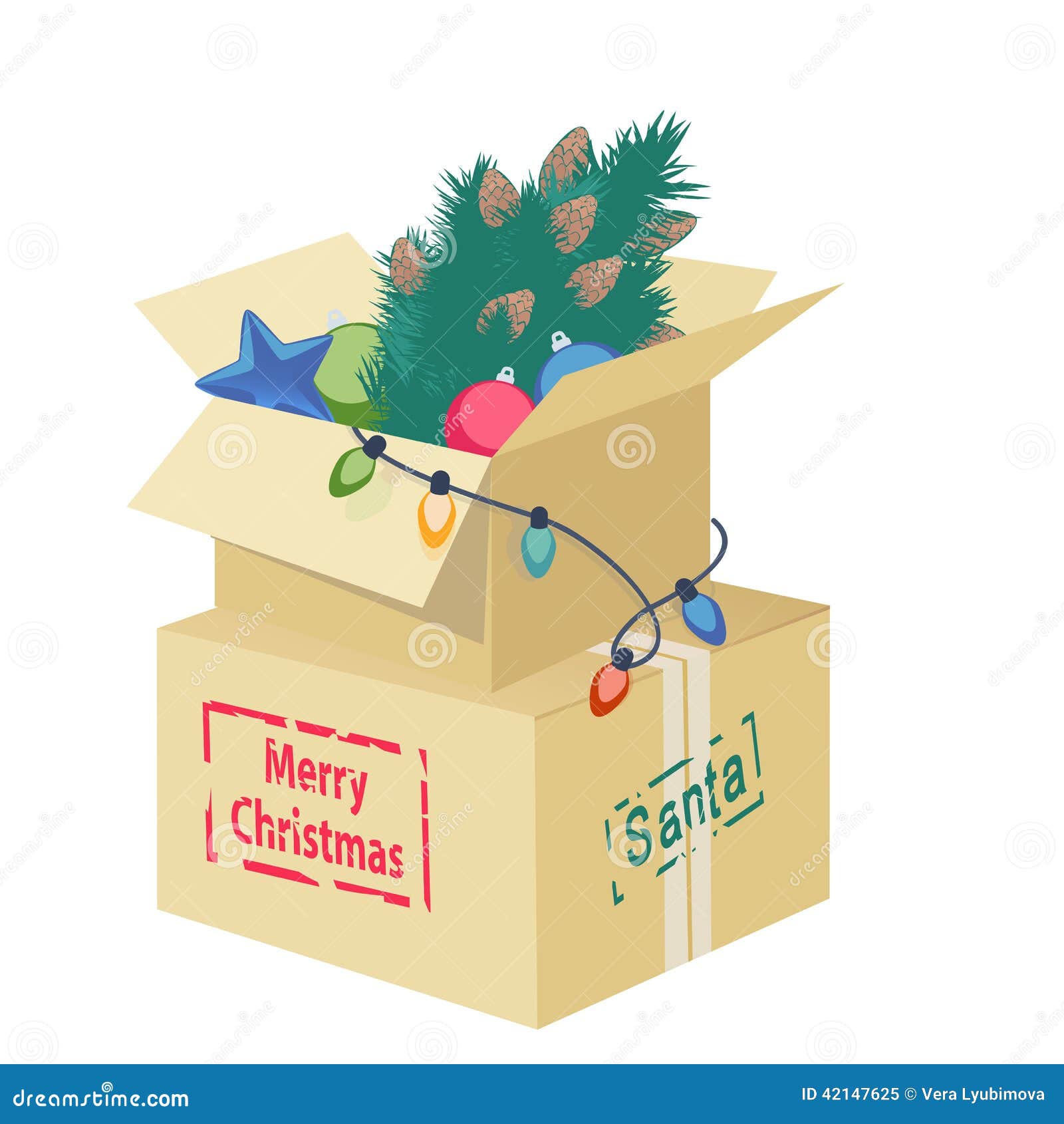 Cardboard Box With Christmas Decorations Stock Vector 