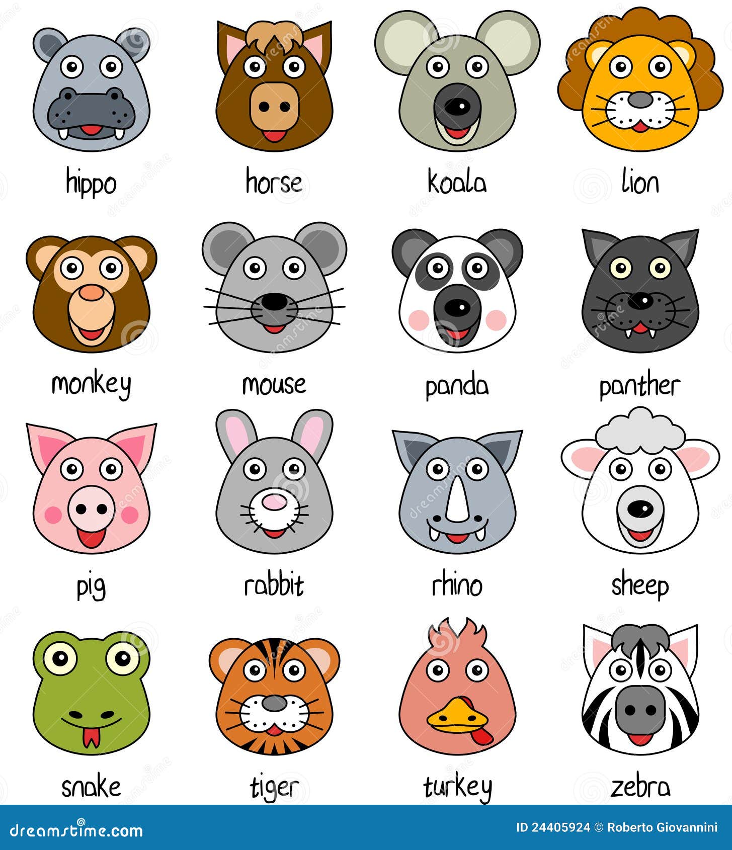 Collection of 16 funny cartoon animal faces, isolated on white ...