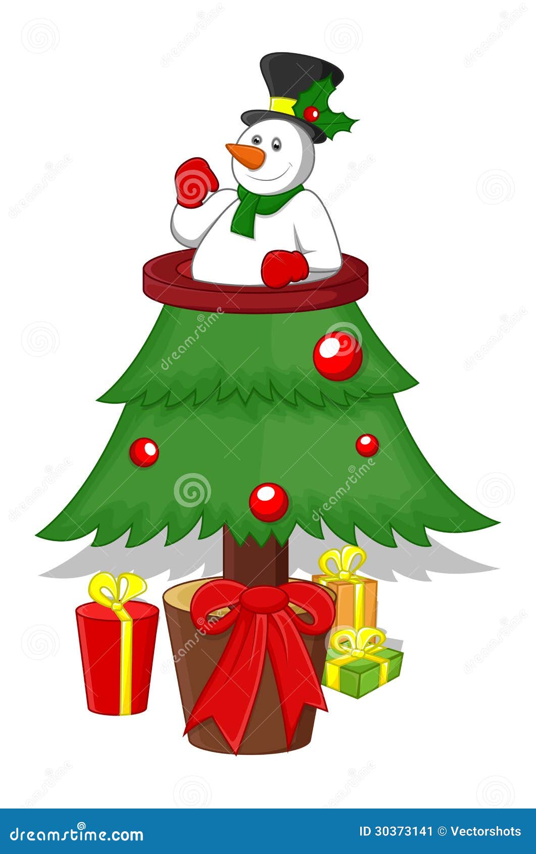 Conceptual Drawing Art of Cartoon Snowman Character on Christmas Tree ...