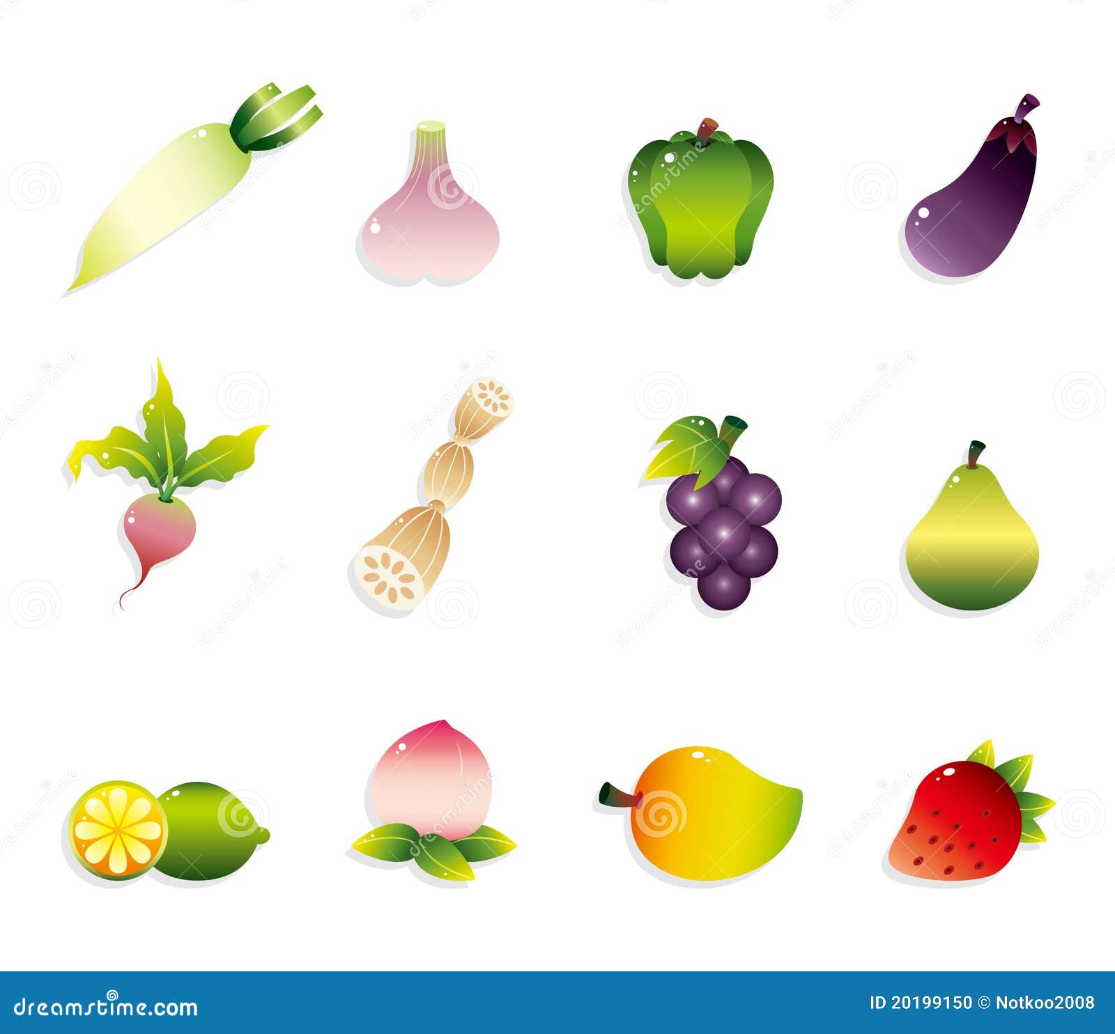 Cartoon Fruits And Vegetables Icon Set Stock Photo - Image: 20199150