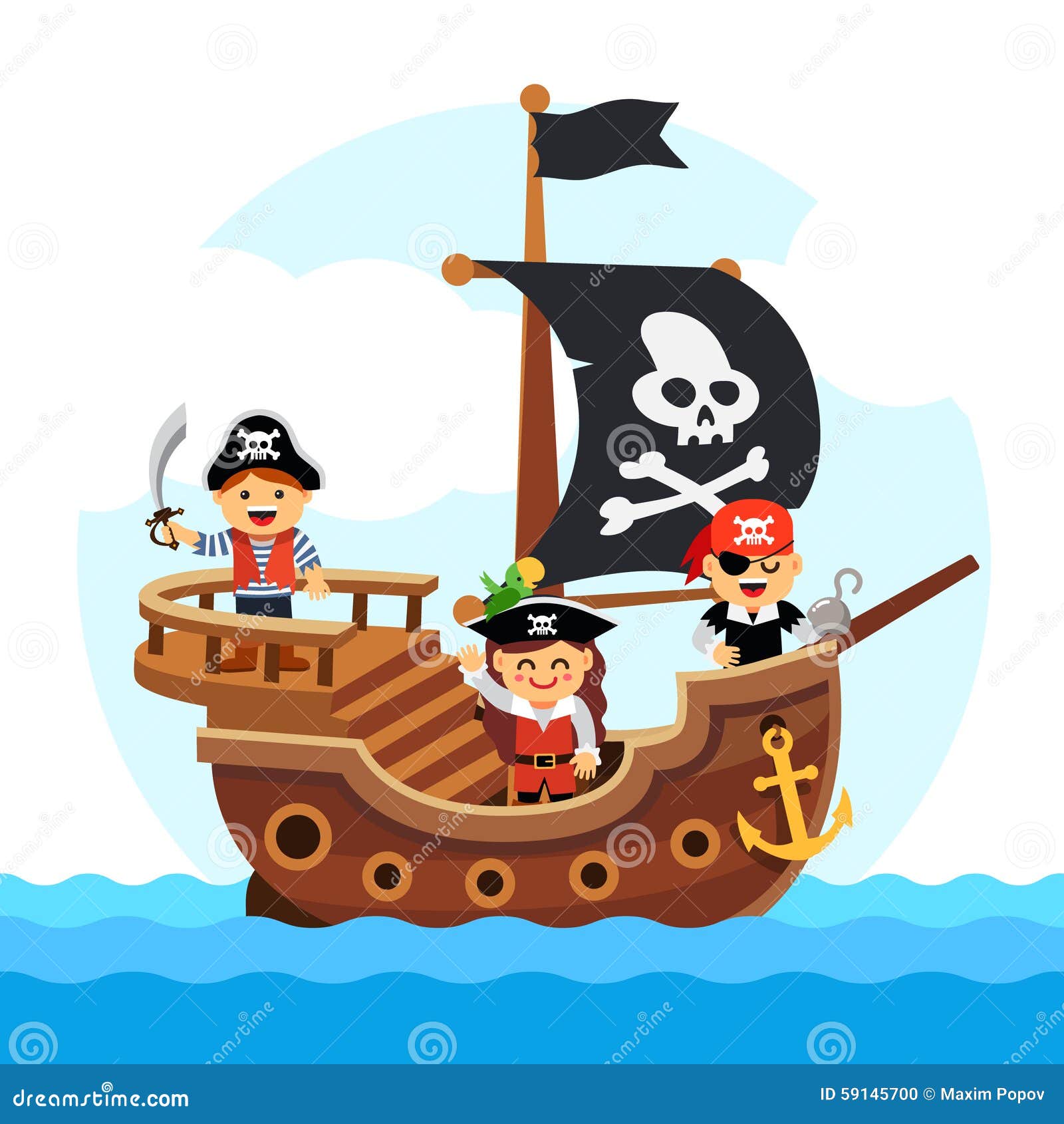 Kids pirate ship sailing in the sea with black flag and sail decorated 