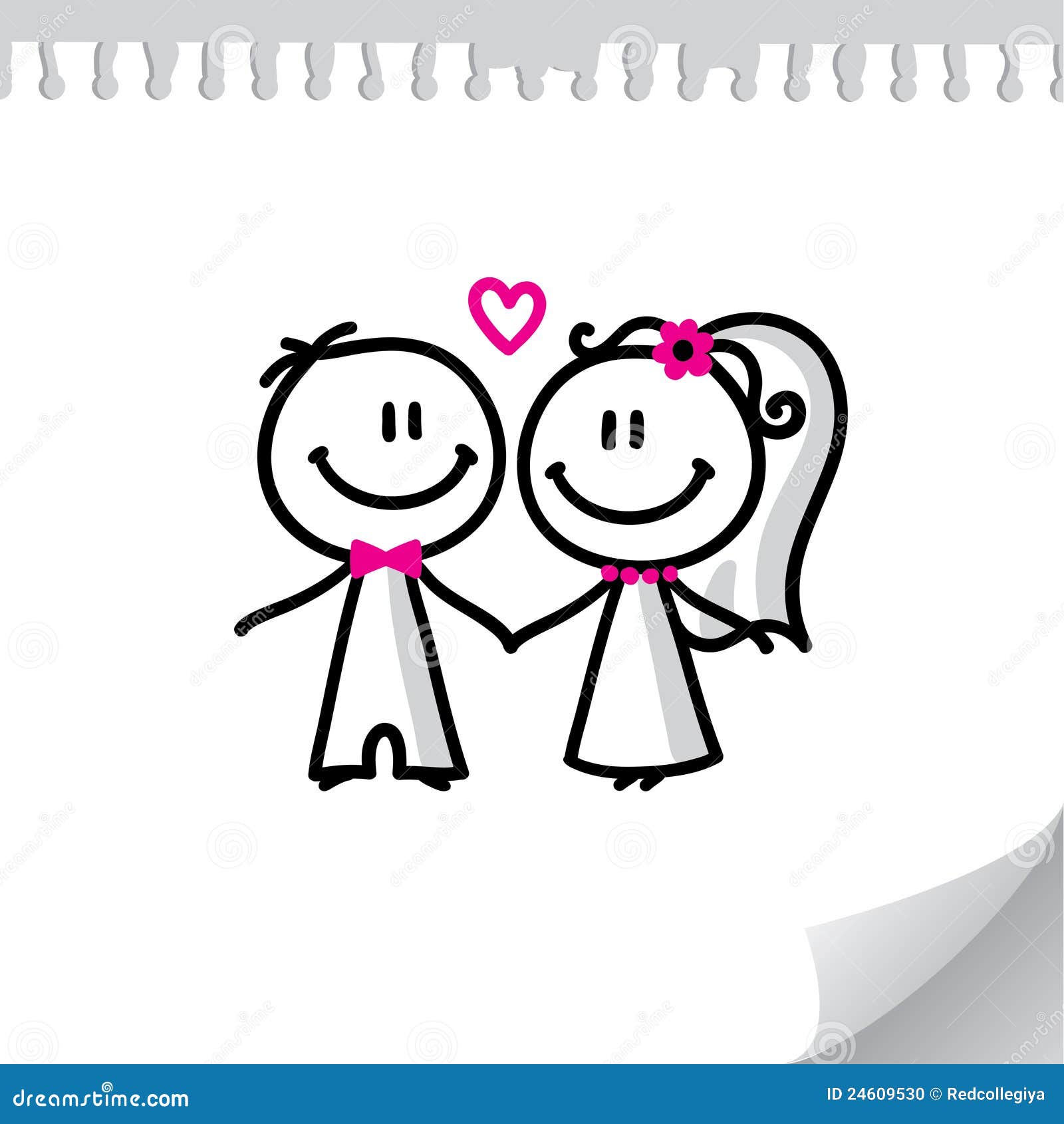 Cartoon wedding couple on realistic paper sheet.