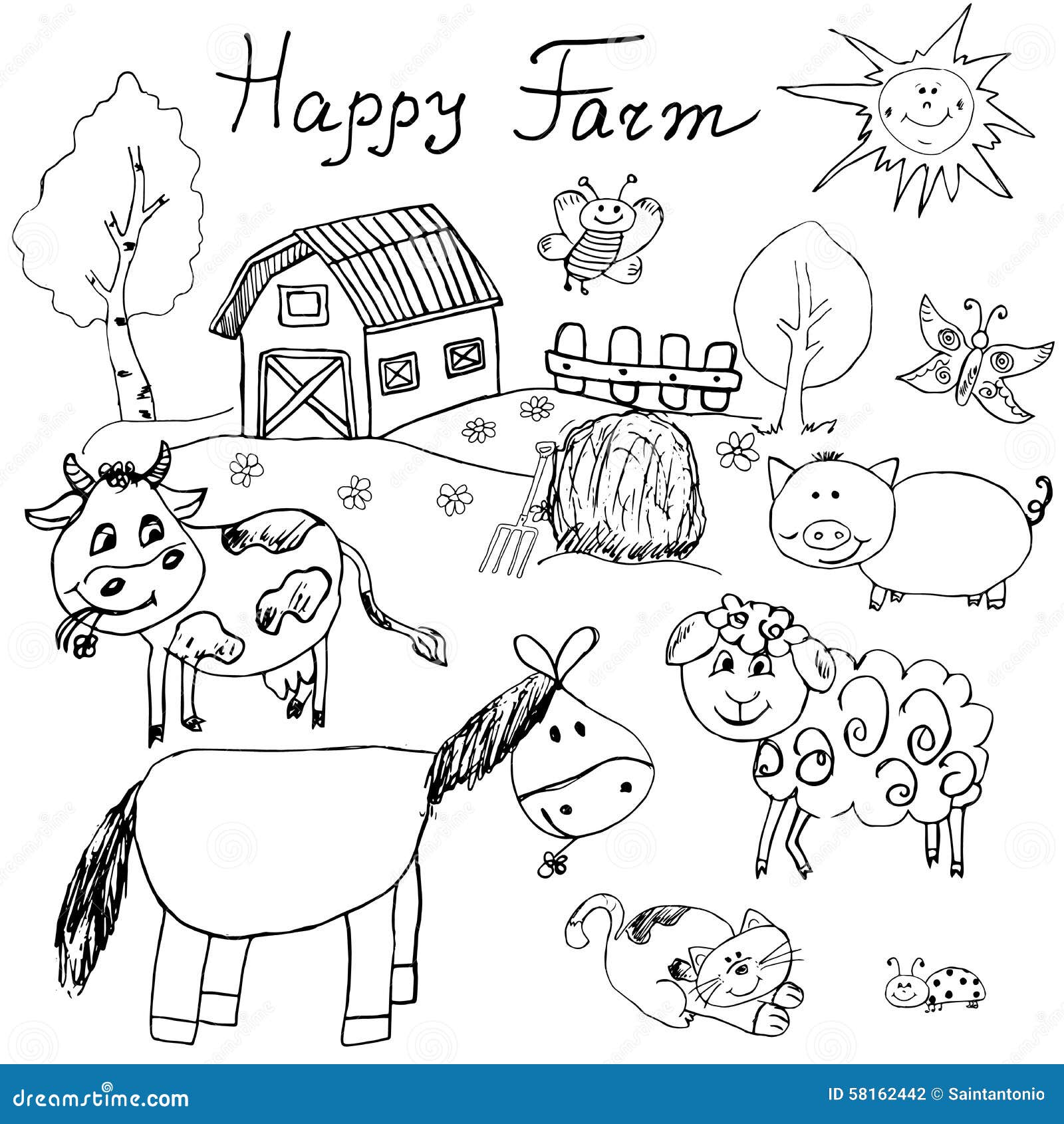 愉快的农场乱画被设置的象 与马,母牛,绵羊猪和谷仓的