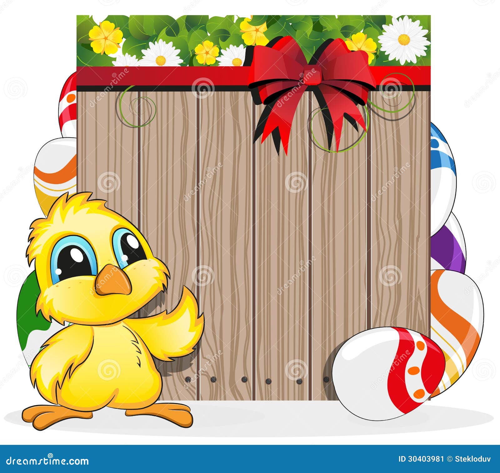 Chicken and Easter eggs on the wooden fence background.
