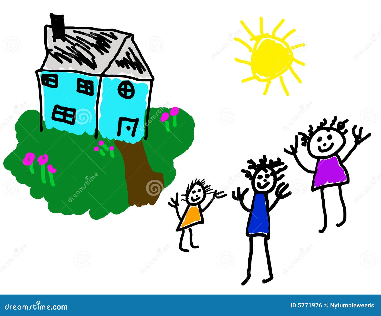 Child's Drawing Of Happy Home & Family Royalty Free Stock