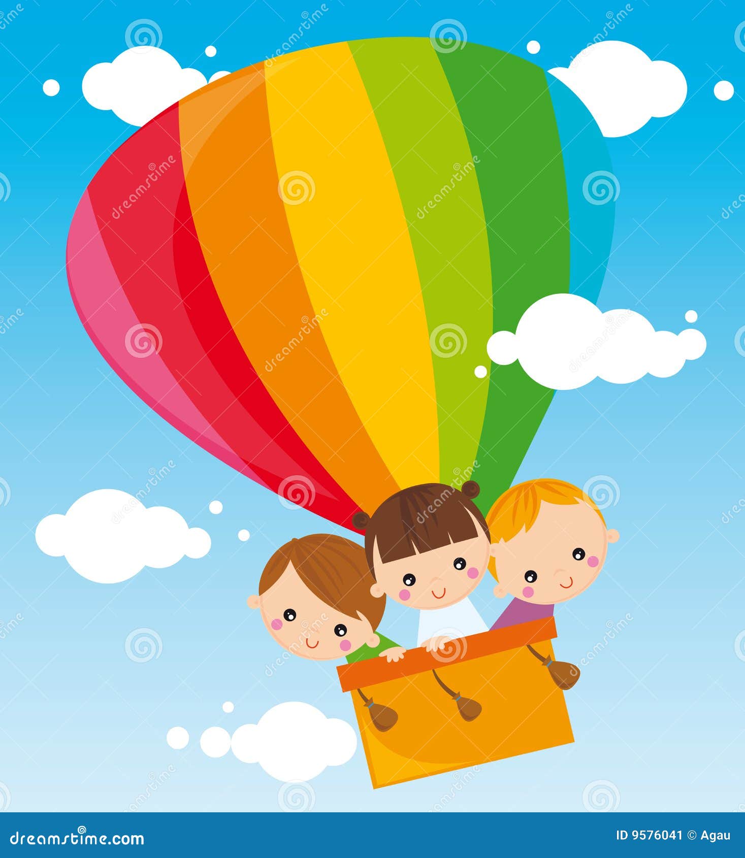 Illustration of three kids flying balloon.
