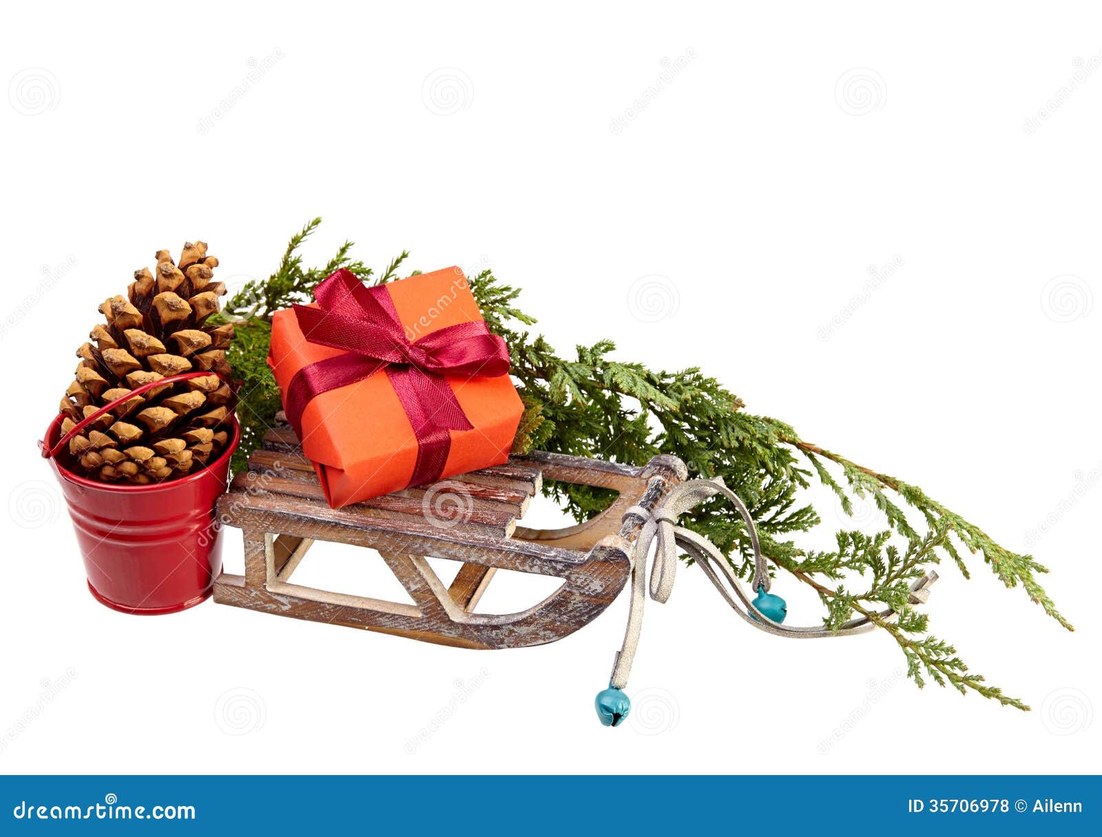 Christmas Decoration (gift box, wood sled,metal bucket) isolated on a 